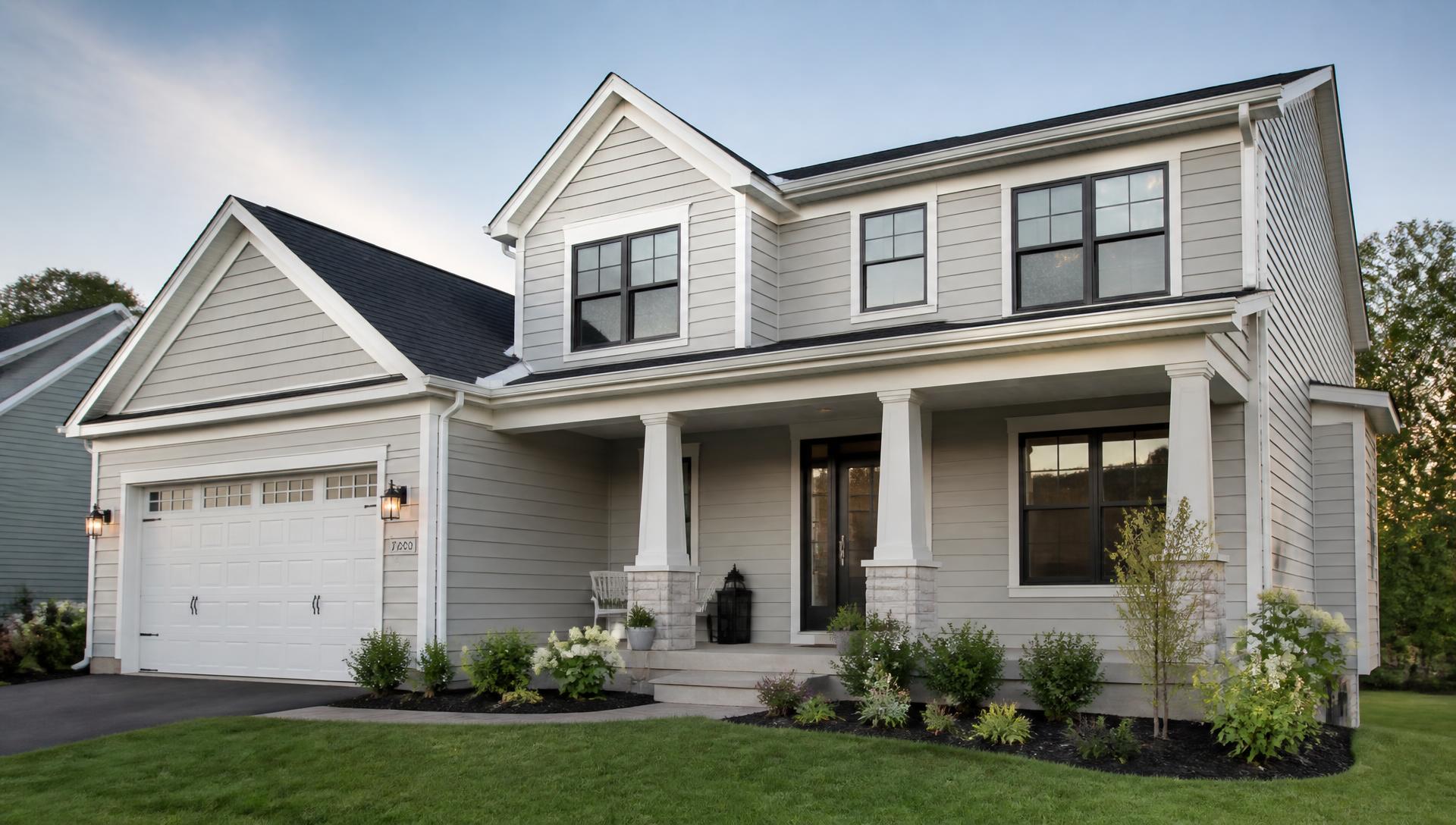 Central Iowa two-story home with light gray horizontal lap siding, white trim and a covered front porch